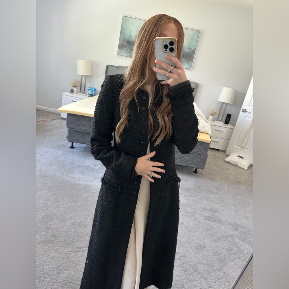 Zara Basic Long Black Textured Coat – Size small
